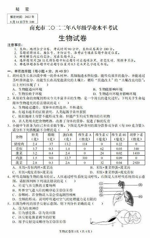2022年四川省南充市中考真题生物卷及答案（图片版）第1页