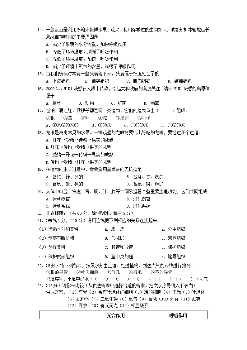 人教版生物七年级上册期末试题7含答案第2页