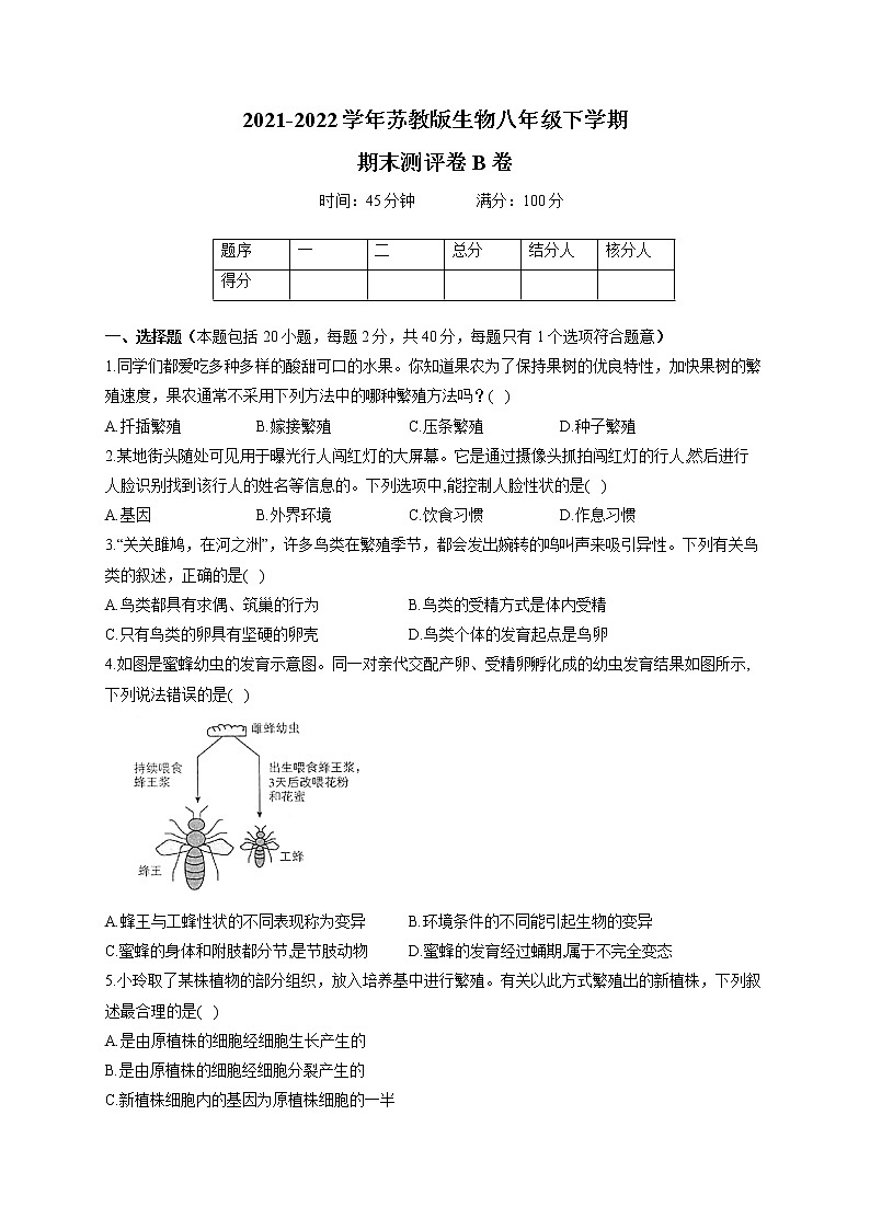 2021-2022学年苏教版生物八年级下学期期末测评卷B卷01