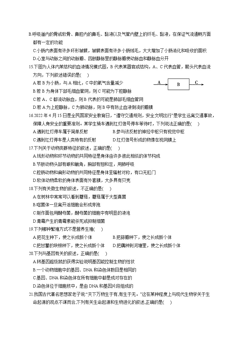 2022年湖南省邵阳市邵阳县初中毕业学业水平模拟考试生物试题(word版含答案)第3页