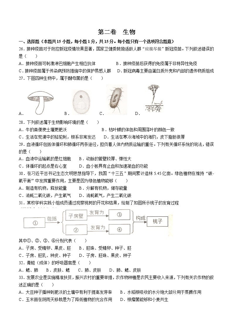 2022年辽宁省大连市金普新区中考一模生物试题(word版含答案)第1页