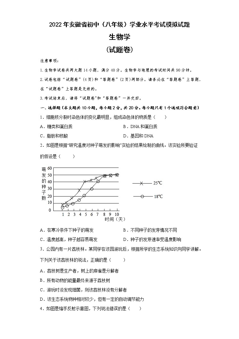 2022年安徽省滁州市初中学业水平考试生物模拟试题(word版含答案)第1页
