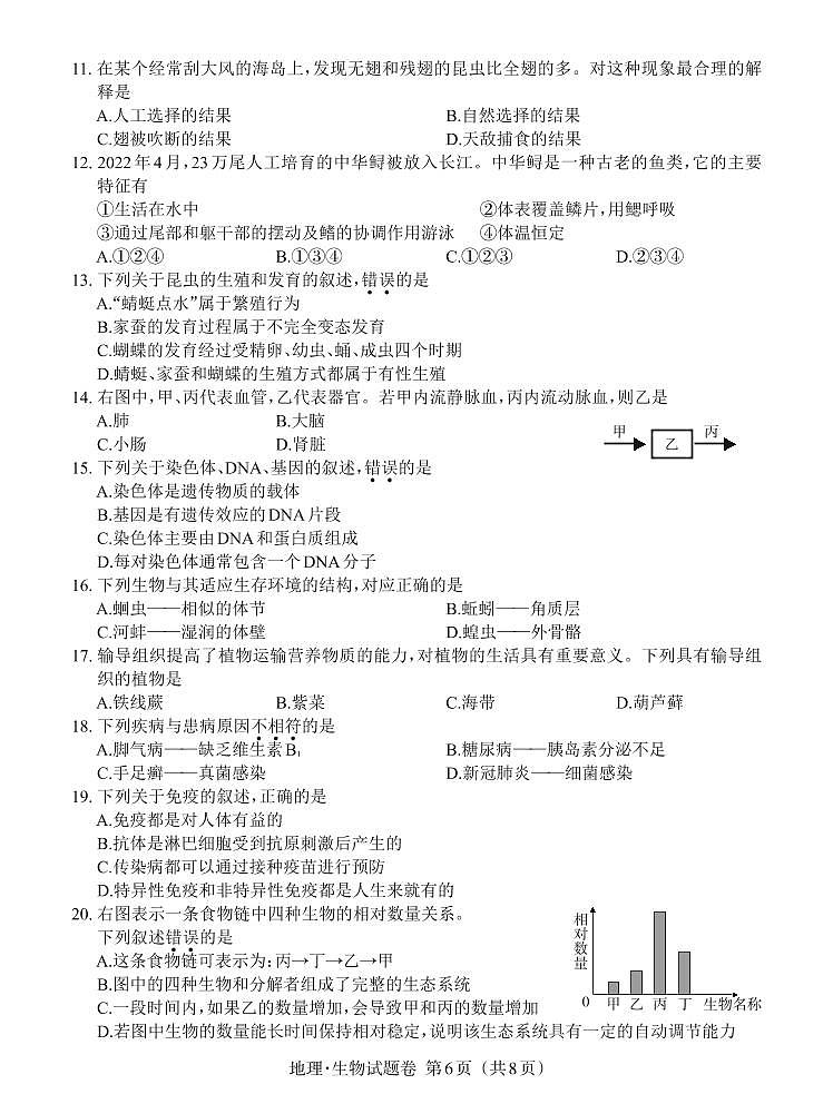 2022年江西省中考真题生物试卷及答案第2页