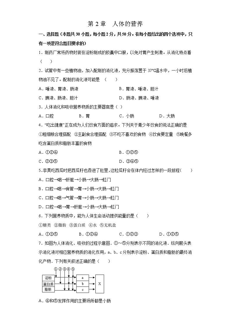 第2章 人体的营养（测试卷）-七年级生物下册章末知识总结+检测卷（人教版）01