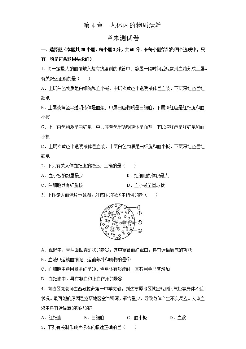 第4章 人体内的物质运输（测试卷）-七年级生物下册章末知识总结+检测卷（人教版）01