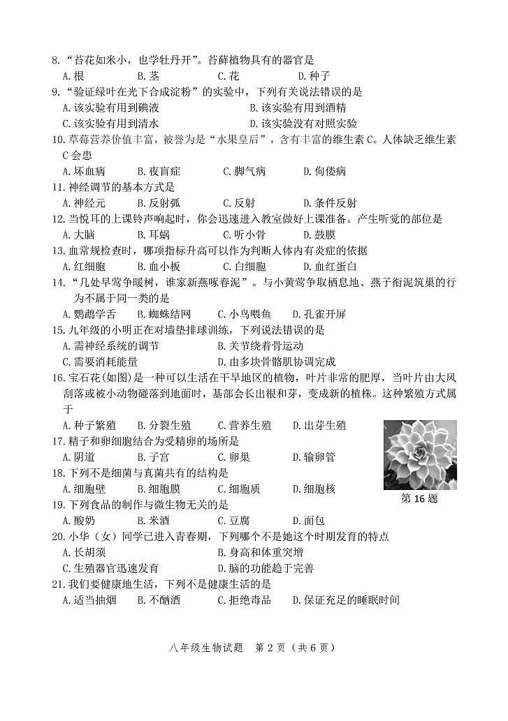 上杭县2022年初中毕业班质量检查生物试题第2页