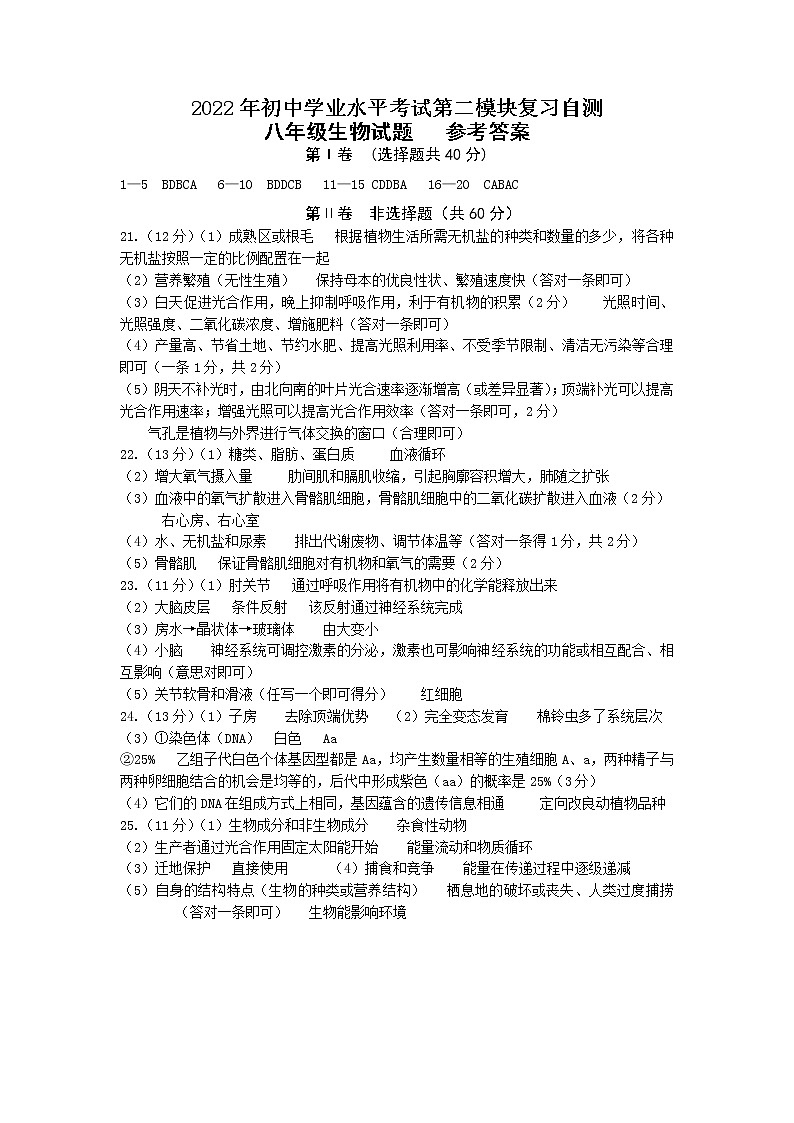 2022年山东省潍坊市初中学业水平考试第二模块复习自测生物试题（含答案）01