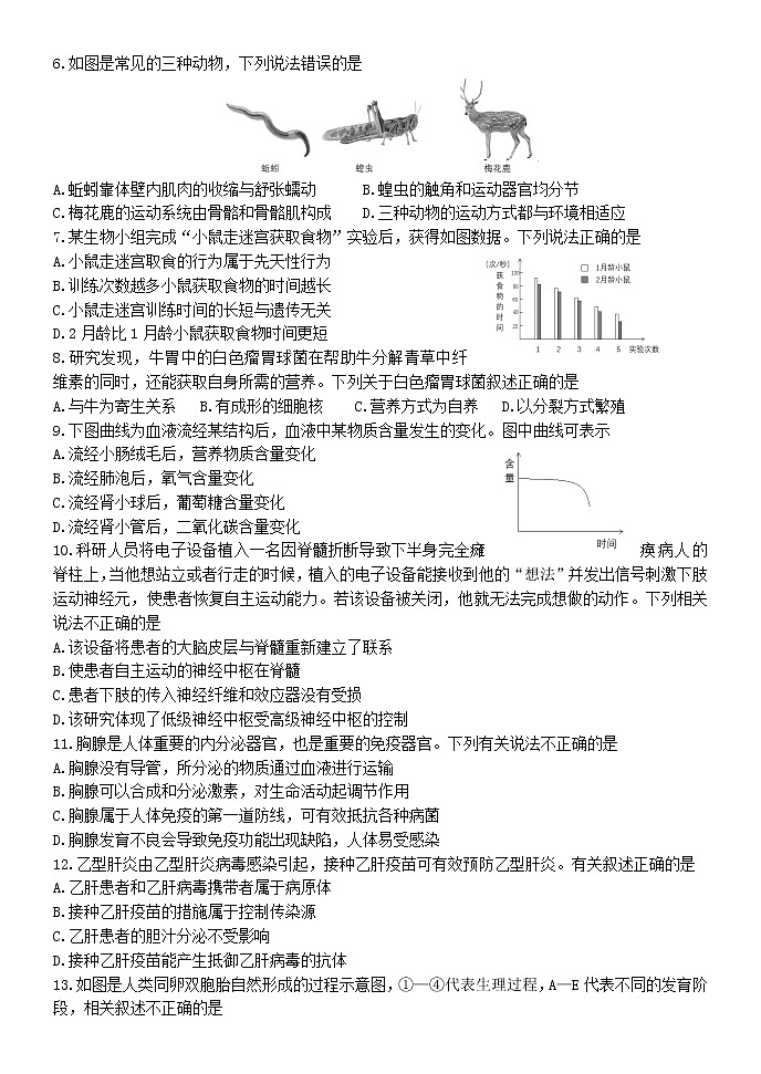 2022年山东省潍坊市初中学业水平考试第二模块复习自测生物试题（含答案）02