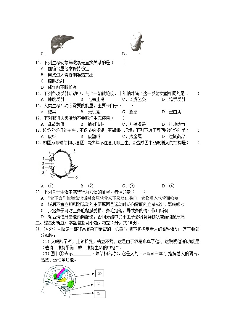 江苏省盐城市2019-2020学年七年级（下）期末生物试卷（解析版）第3页