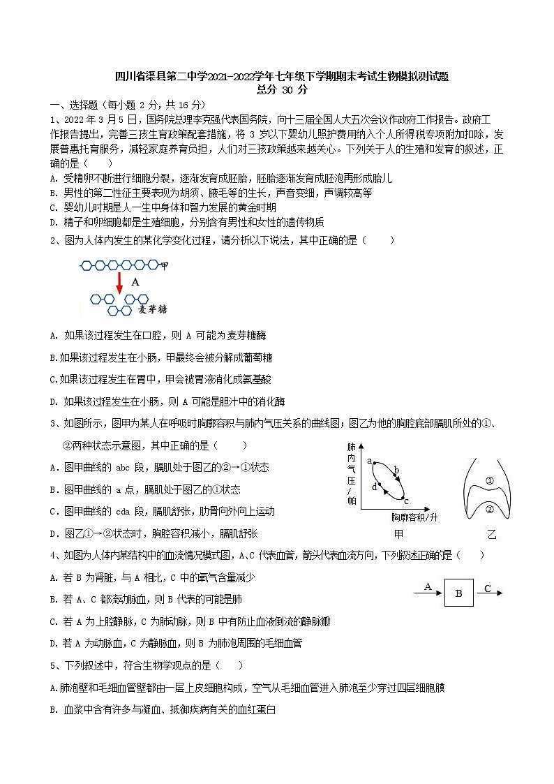 四川省渠县第二中学2021-2022学年七年级下学期期末考试生物模拟测试题(word版含答案)01