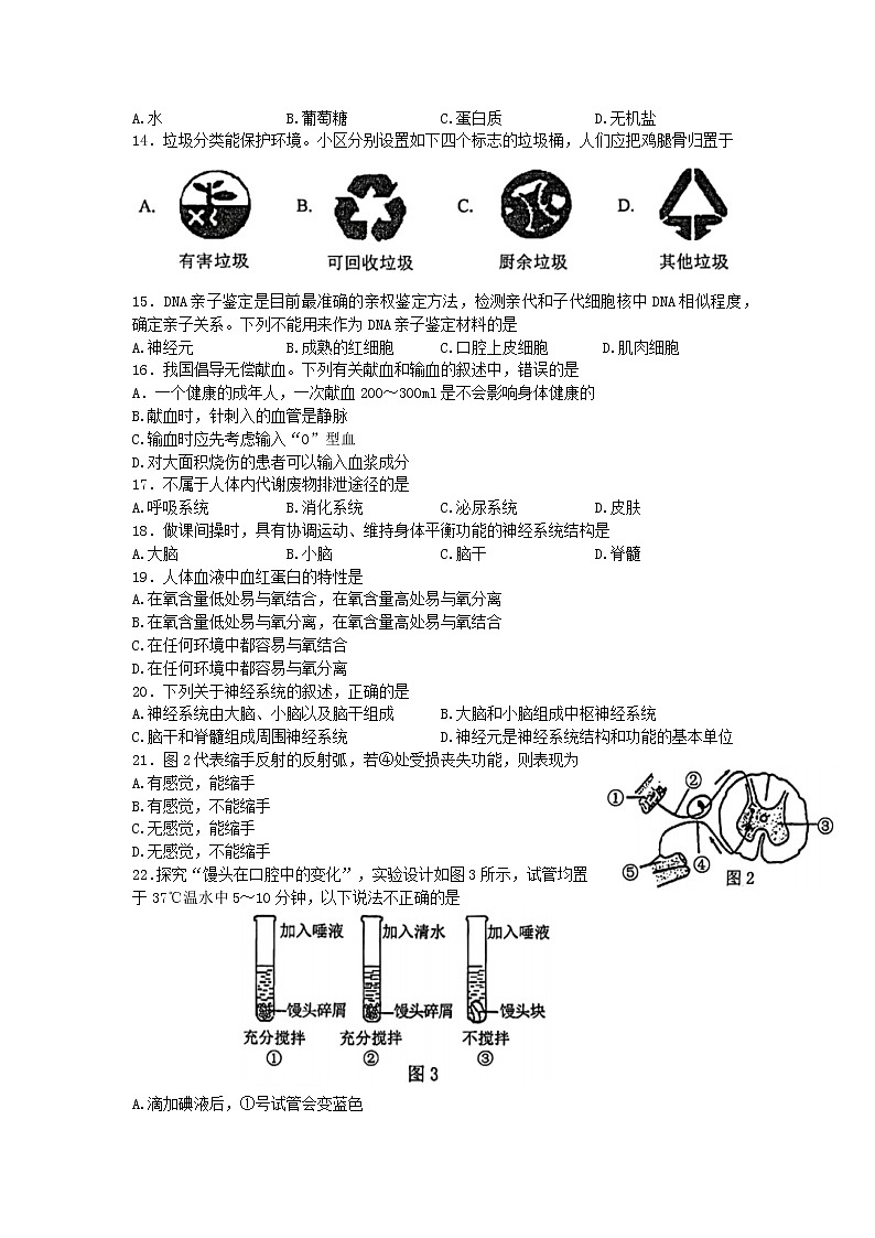 福建省福州市闽侯县2021-2022学年七年级下学期期末质量检测生物试题(word版含答案)02