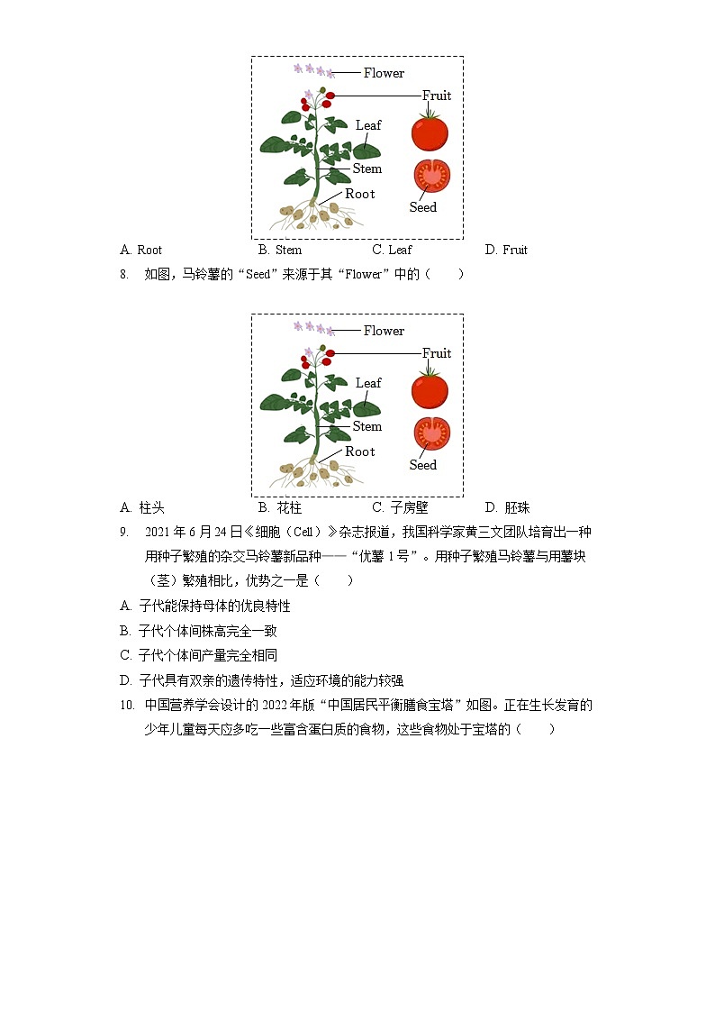 2022年山西省晋中市中考生物试卷（含答案解析）02