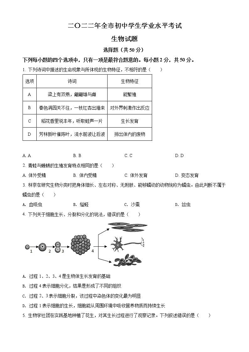 2022年山东省聊城市中考生物真题(word版含答案)01
