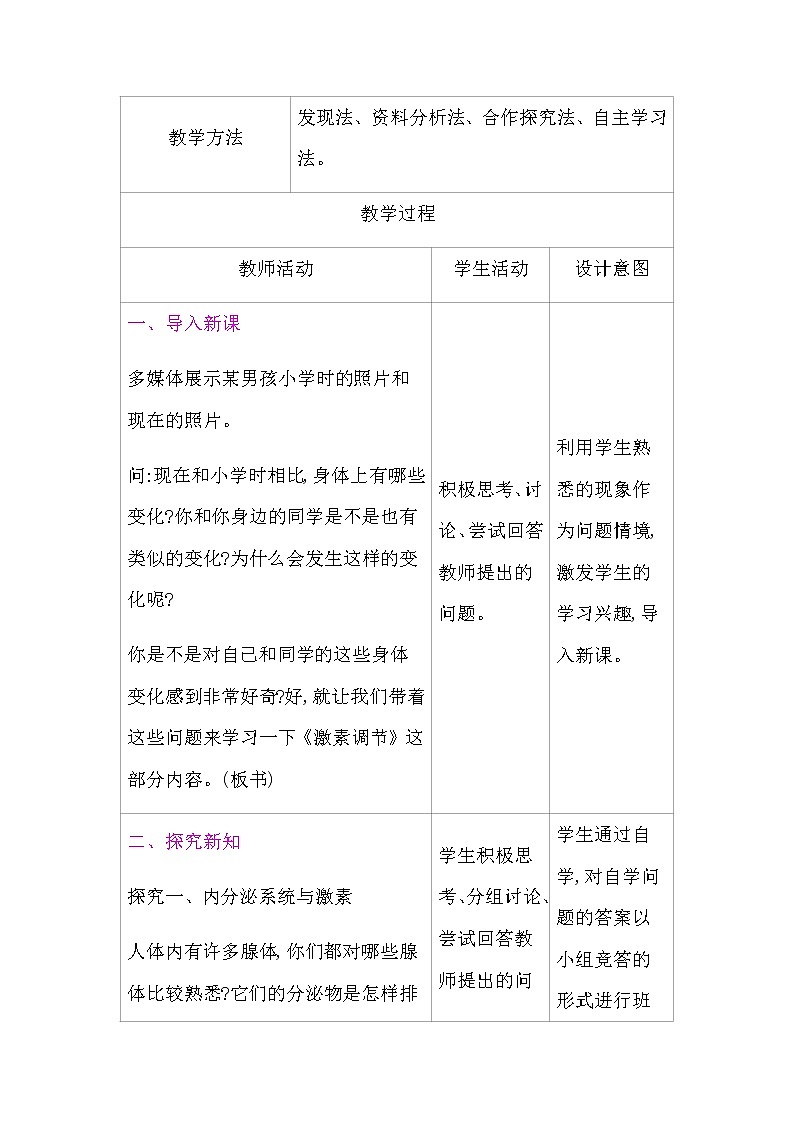 人教版生物七年级下册第六章人体生命活动的调节第四节　激素调节表格式教案02