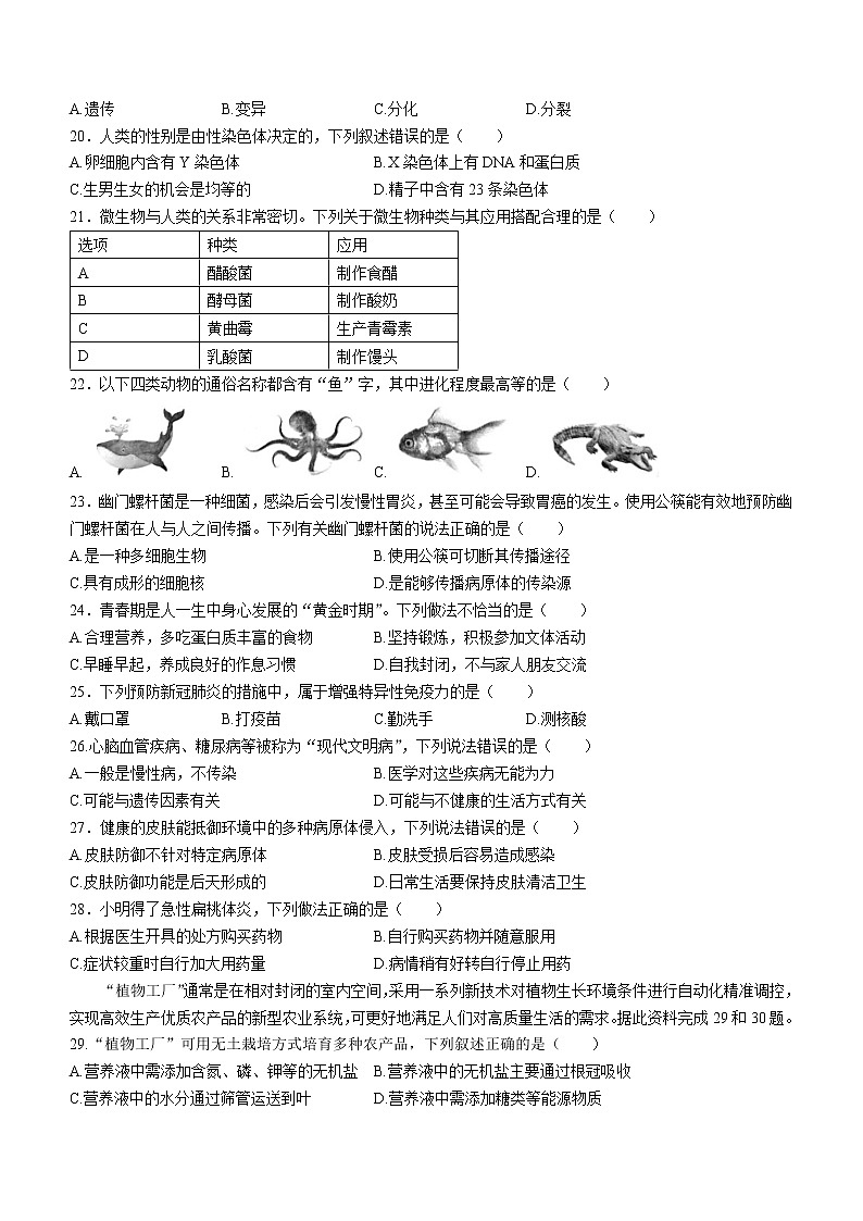 2022年广东省中考生物真题(word版无答案)第3页