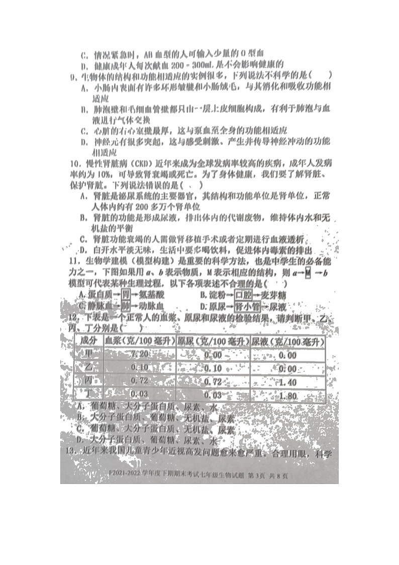 河南省周口市扶沟县2021--2022学年七年级下学期期末生物试卷（含答案）03