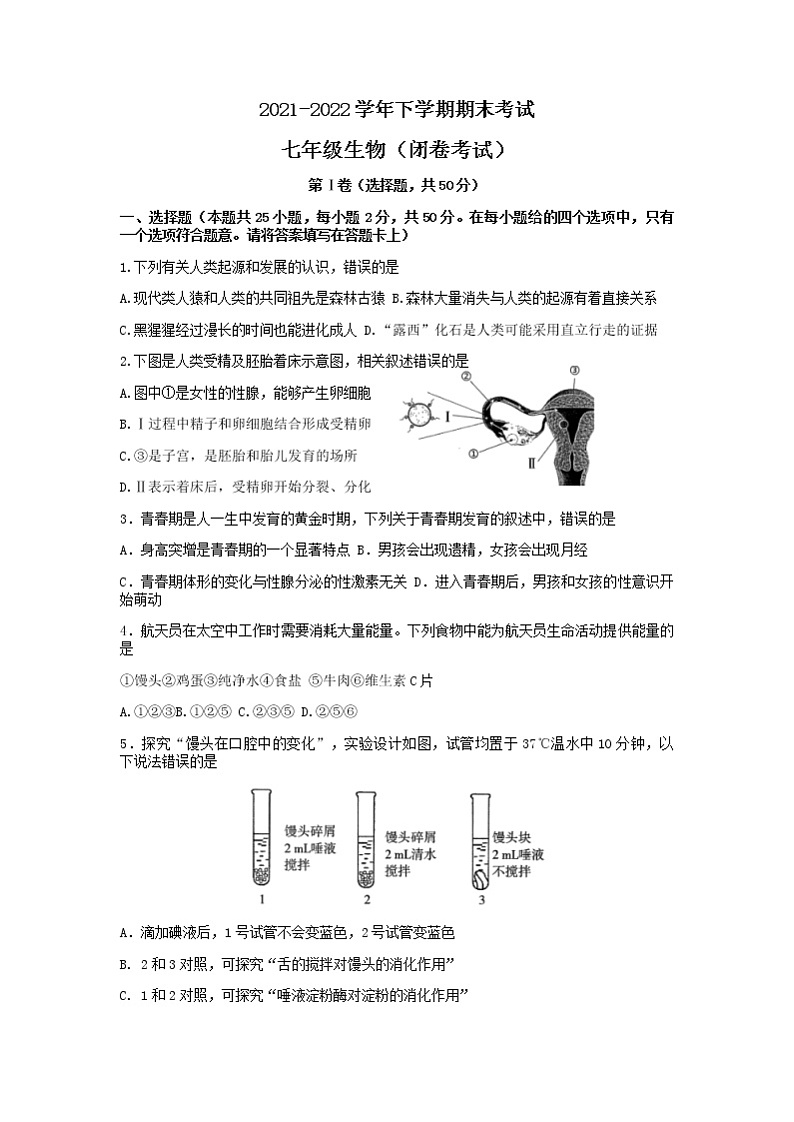 河南省郑州市2021-2022学年七年级下学期期末考试生物试卷（无答案）01