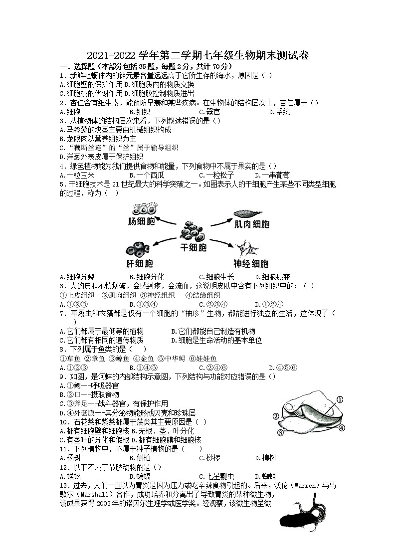 江苏省镇江市润州区2021-2022学年七年级下学期期末生物试题（含答案）01