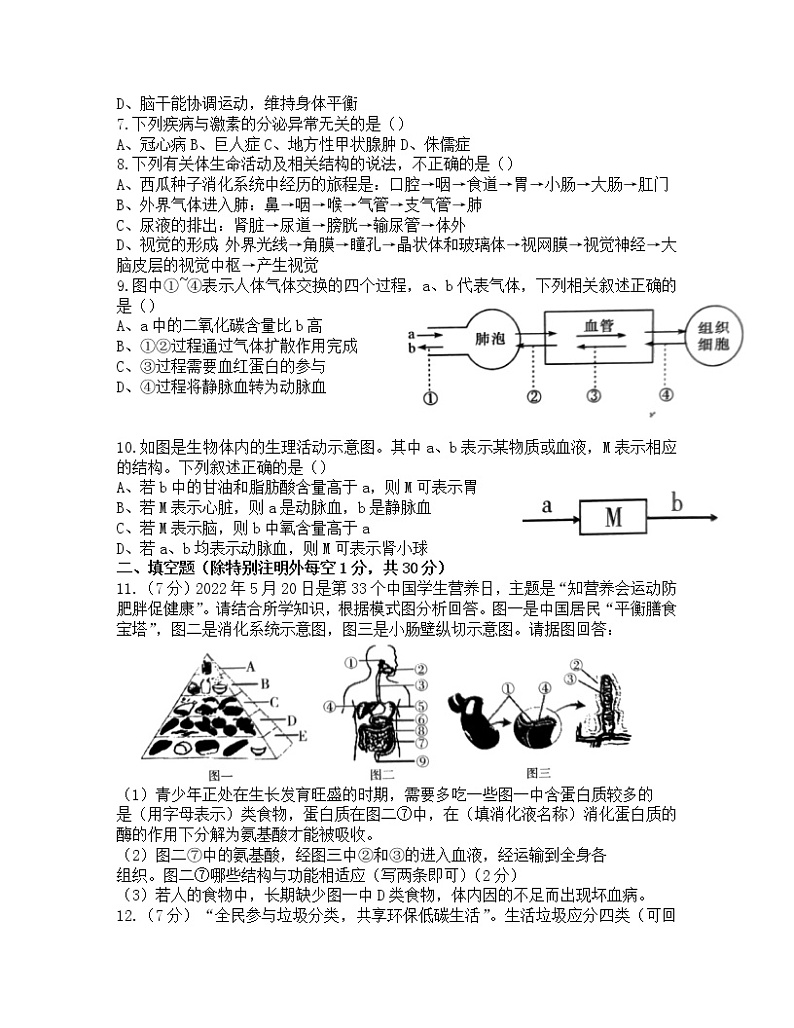 湖北省孝感市孝南区2021-2022学年七年级下期期末学业水平监测生物试卷（无答案）第2页