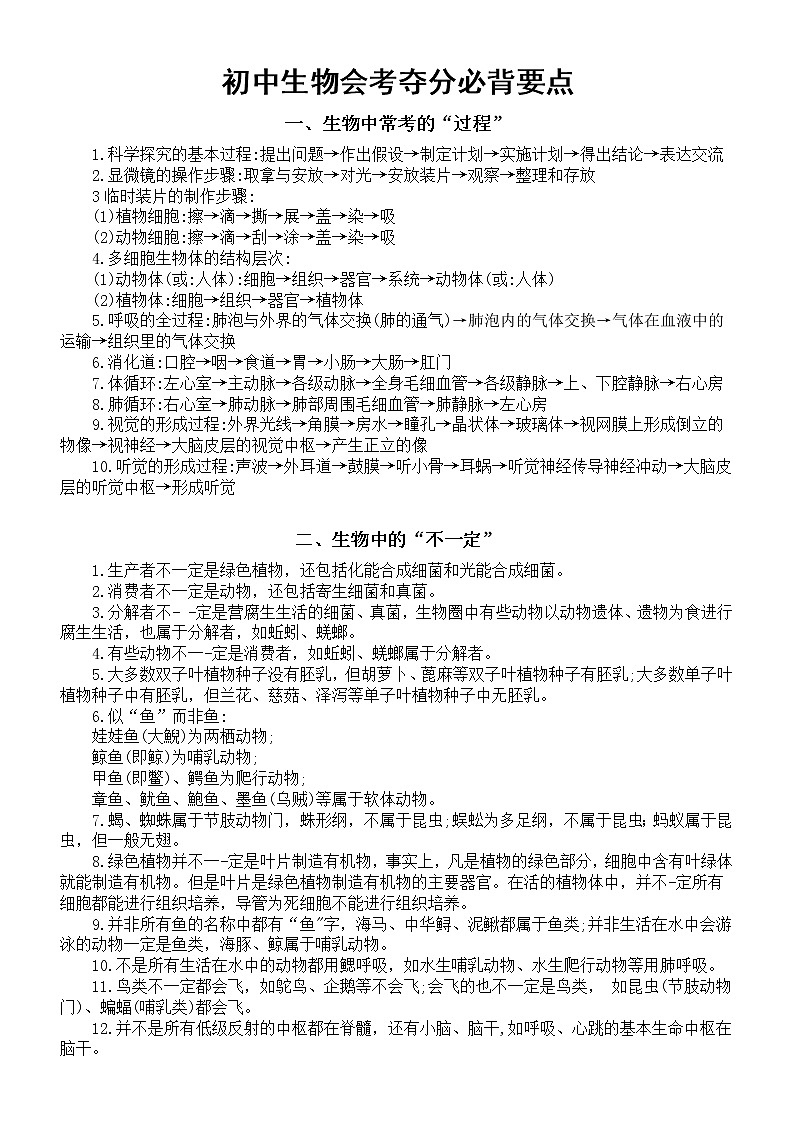 初中生物会考夺分必背要点精选（共70个）01