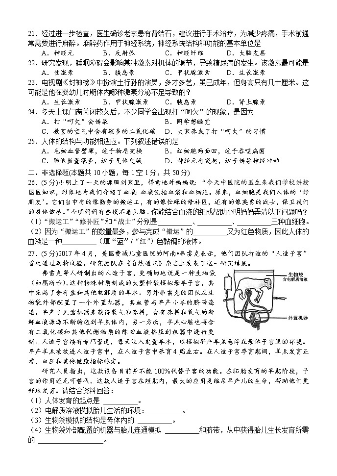 湖南省怀化市新晃县2021-2022学年七年级下学期期末质量检测生物试题（城区）(word版含答案)03
