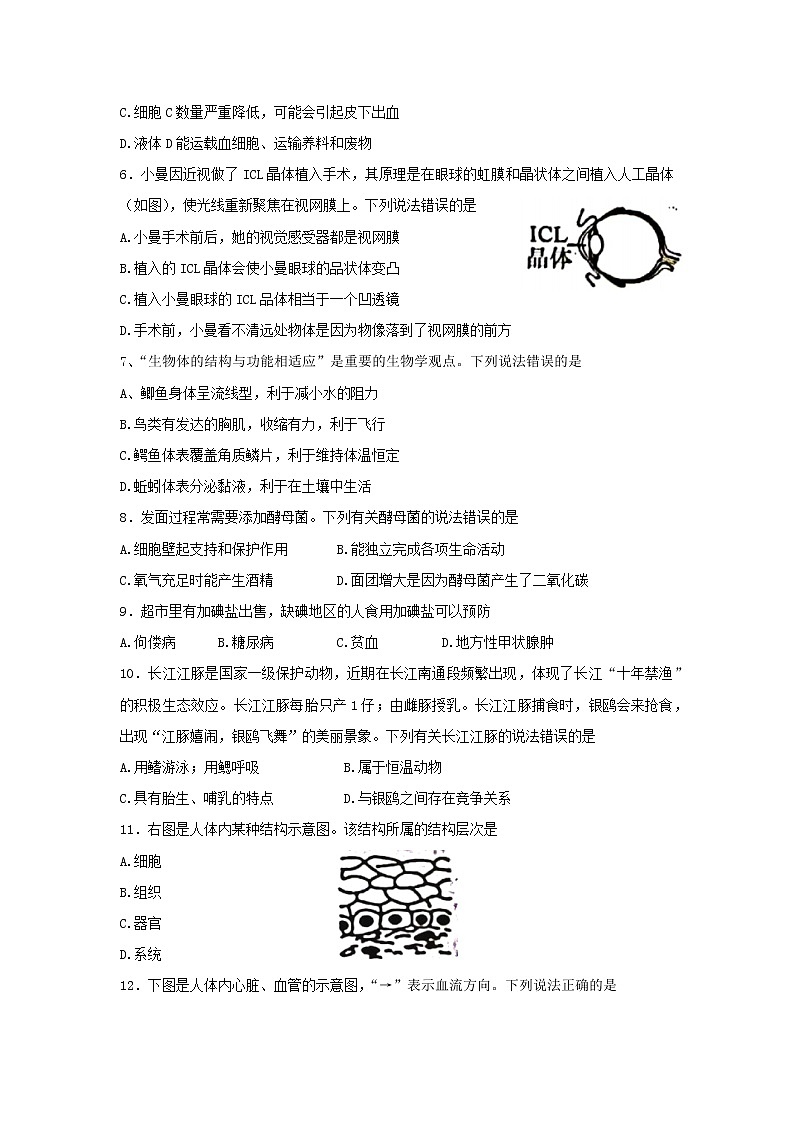江苏省南通市如皋市2021—2022学年七年级下学期期末考试生物试卷(word版含答案)02