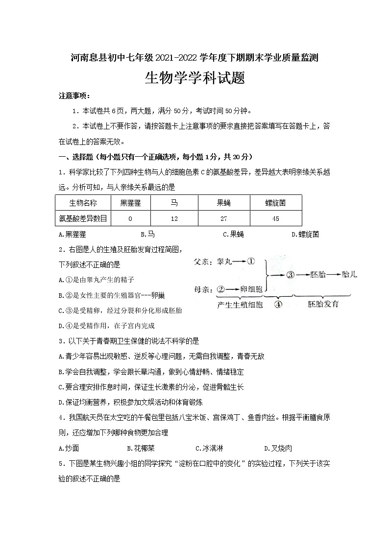 河南省信阳市息县2021-2022学年七年级下学期期末学业质量监测生物试题(word版含答案)第1页