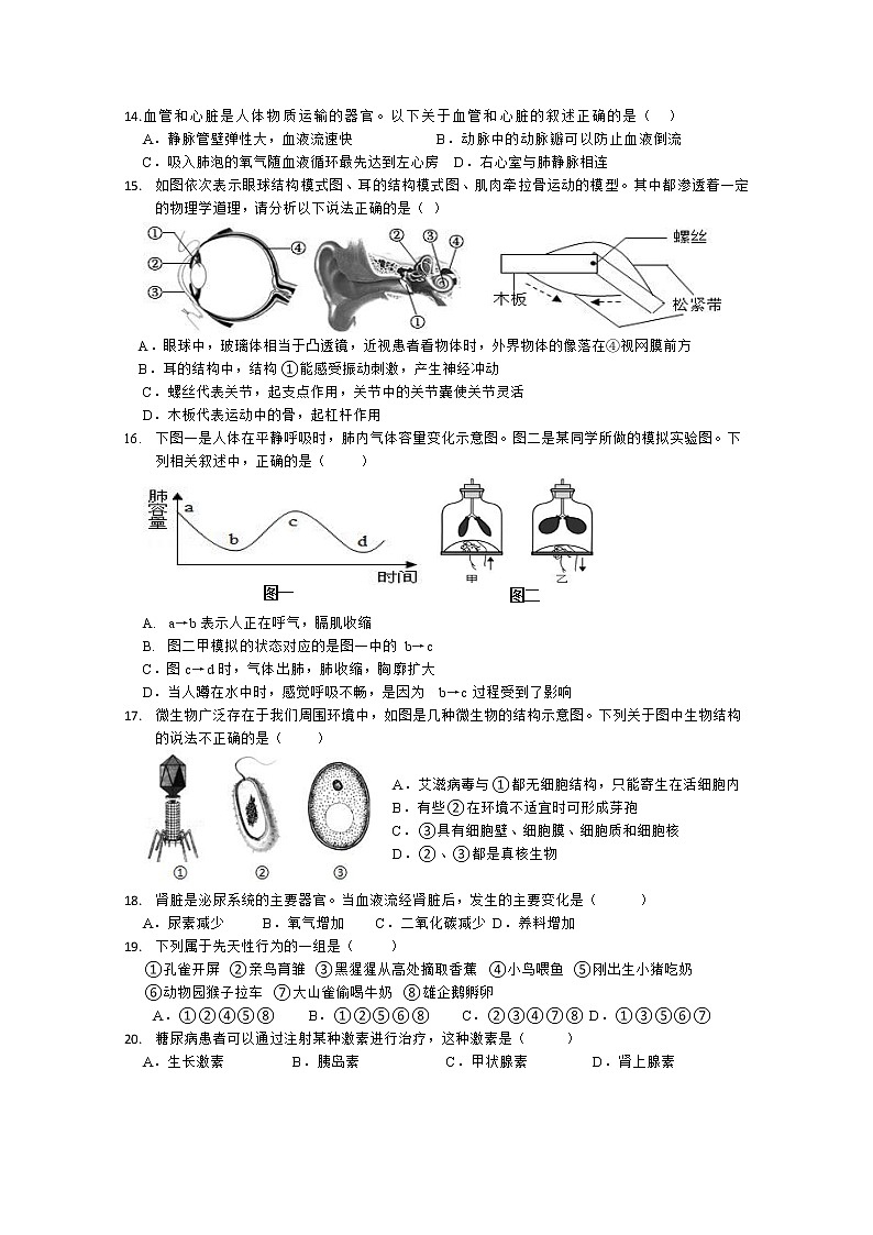 2022年四川省广安友谊加德学校初中学业水平模拟考试生物试题（二）(word版无答案)第3页