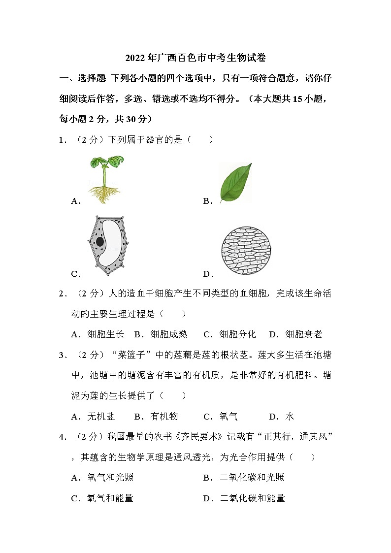 2022年广西百色市中考生物试卷解析版01