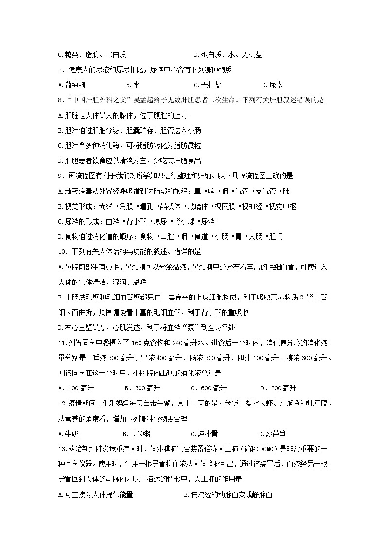 江西省萍乡市2021-2022学年七年级下学期期末教学质量监测生物试题(word版含答案)02