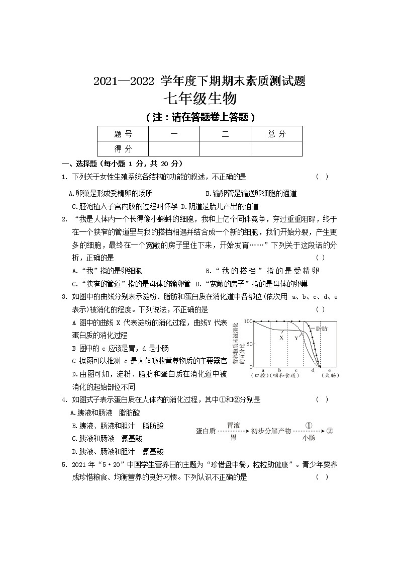 河南省驻马店市泌阳县2021-2022学年七年级下期期末素质测试生物试题 (word版含答案)第1页