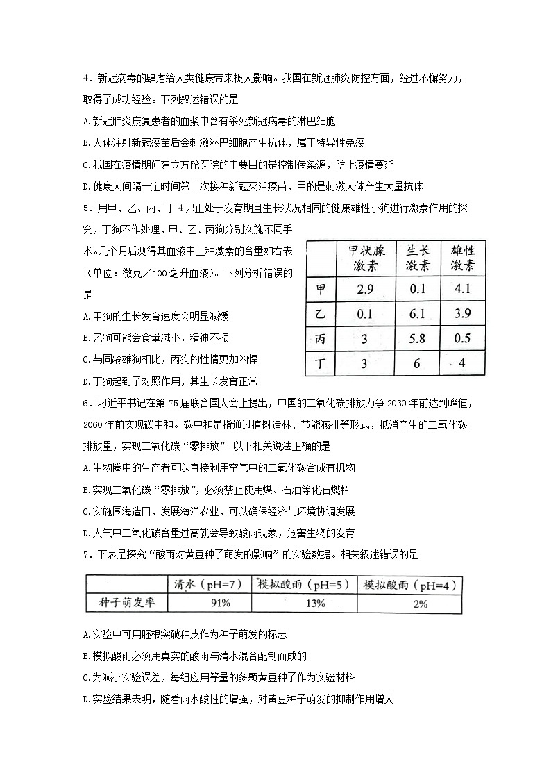 山东省泰安市肥城市2021-2022学年七年级下学期期末考试生物试题(word版含答案)第2页