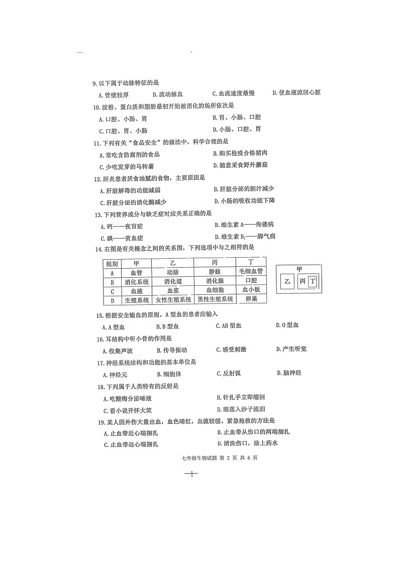 福建省泉州市永春县2021-2022学年七年级下学期期末质量监测生物试题（无答案）第2页