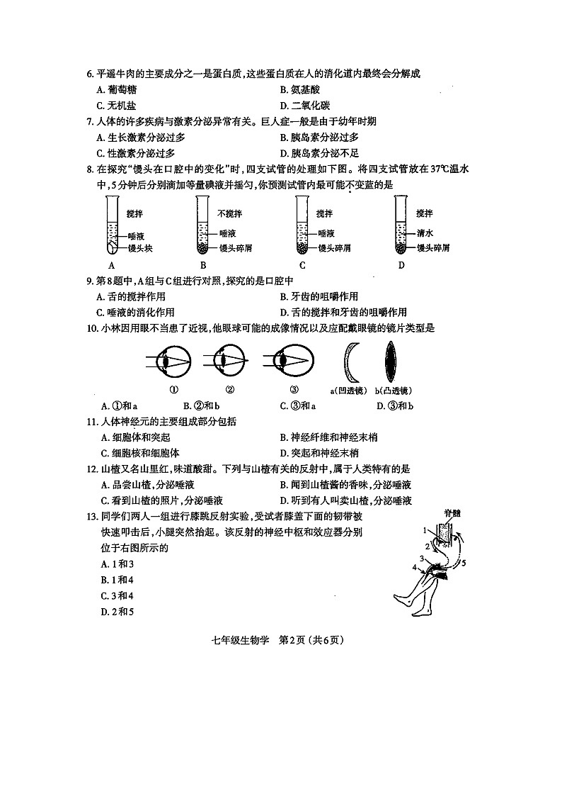 山西省太原市2021-2022学年七年级下学期期末考试生物试题（含答案）第2页