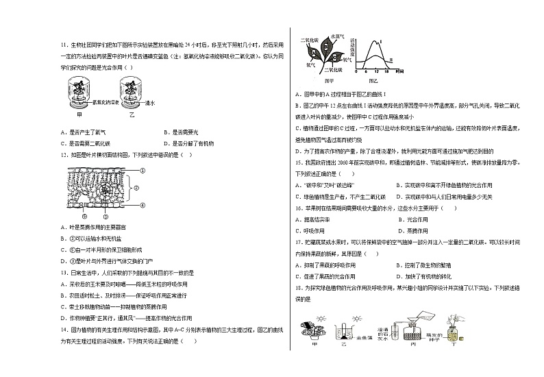 第三单元植物的生活第3-5章单元测试卷2022--2023学年冀少版生物八年级上册02