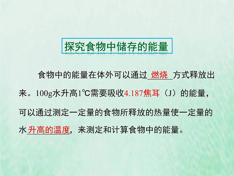 北师大版七年级生物下册第4单元生物圈中的人第10章人体的能量供应第1节食物中能量的释放课件04