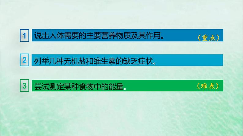 人教版七年级生物下册第4单元生物圈中的人第2章人体的营养第1节食物中的营养物质课件03