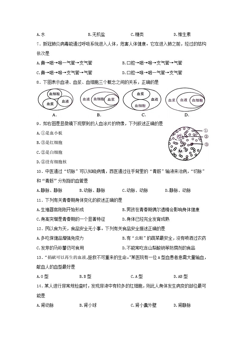 广东省广州市天河区2021-2022学年七年级下学期期末考试生物试题(word版含答案)02