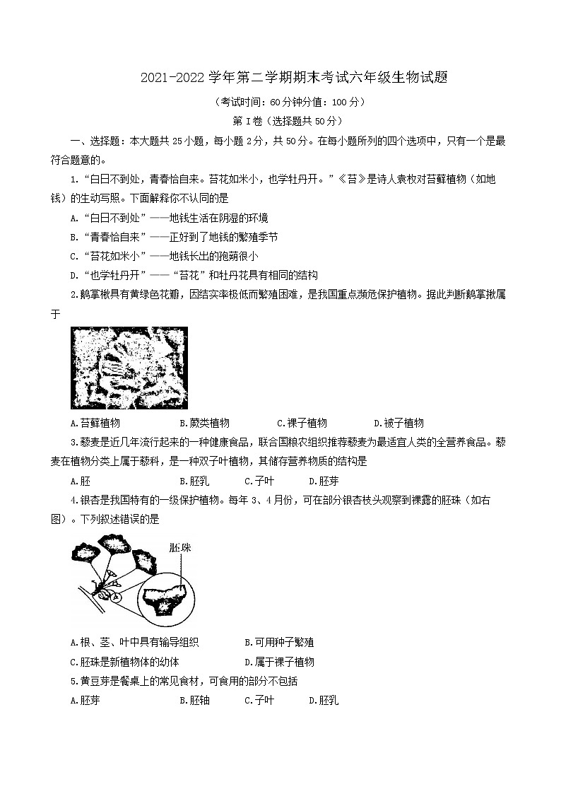 山东省东营市广饶县2021-2022学年六年级下学期期末考试生物试题(word版含答案)01