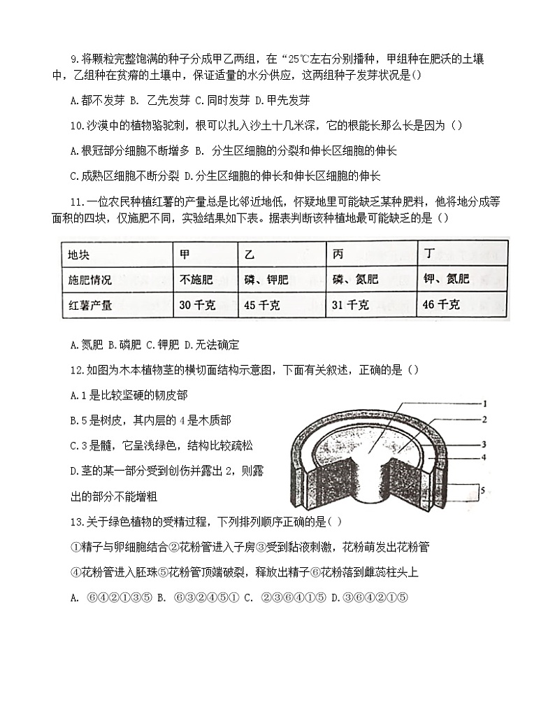 山东省东营市利津县2021-2022 学年六年级下学期期末学业水平检测生物试题(word版含答案)03
