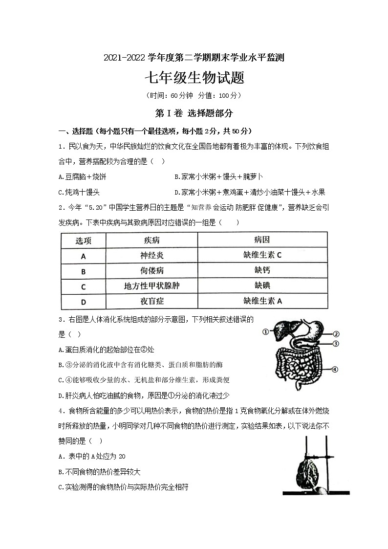 山东省滨州市阳信县2021-2022学年七年级下学期期末学业水平测试生物试题(word版含答案)01