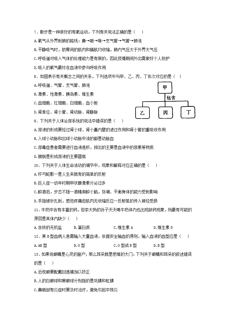 山东省聊城市东阿县2021-2022学年七年级下学期期末生物试题(word版含答案)02