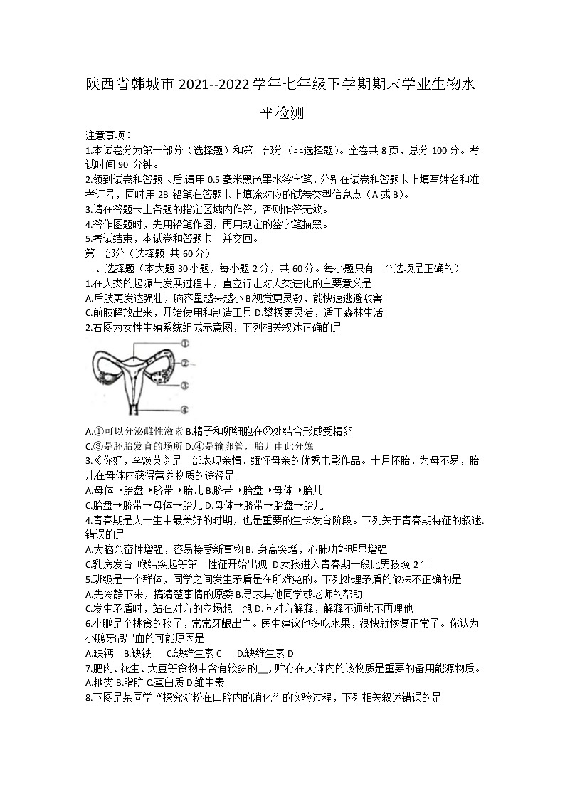 陕西省韩城市2021--2022学年七年级下学期期末学业生物水平检测(word版含答案)第1页