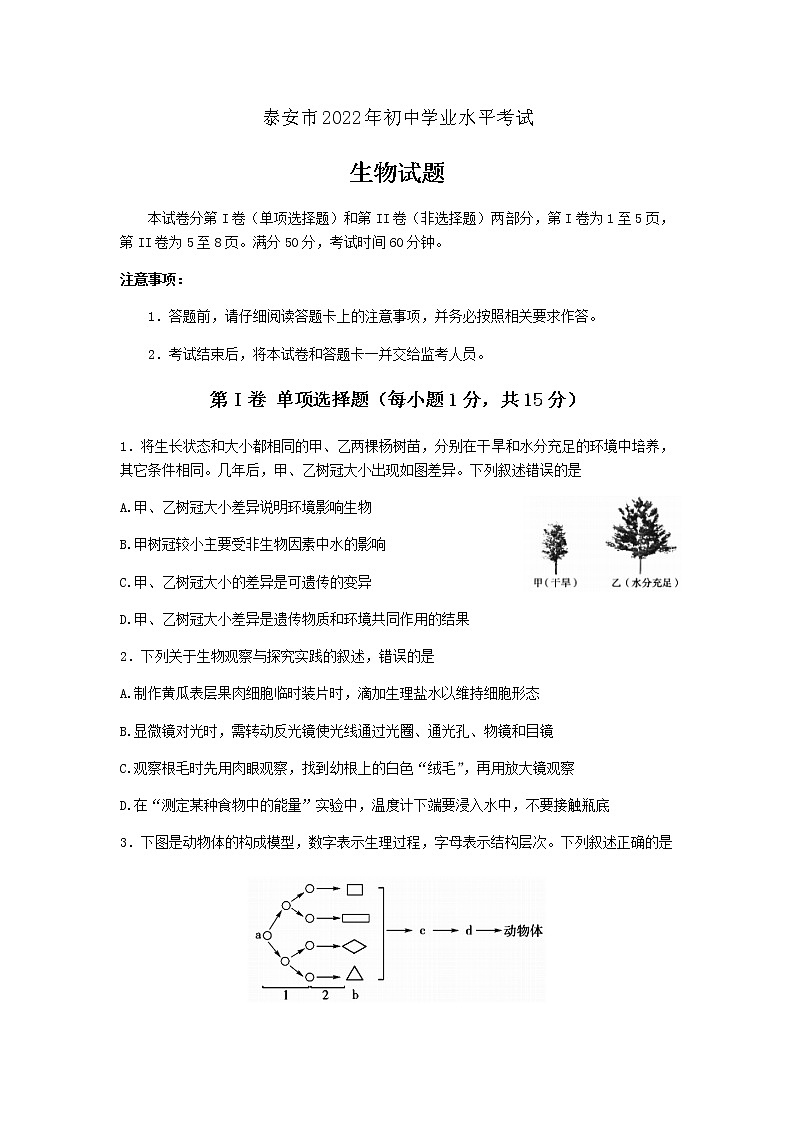 2022年山东省泰安市初中学业水平考试生物真题第1页