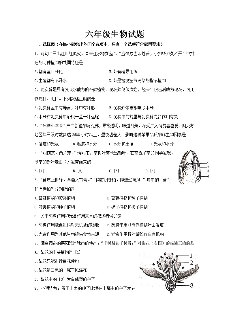 山东省烟台栖霞市（五四制）2021-2022学年六年级下学期期末考试生物试题(word版含答案)第1页