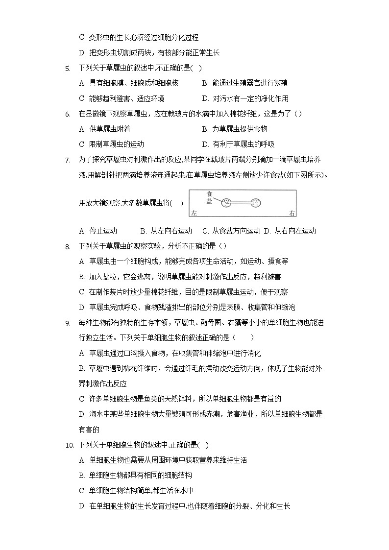第二单元2.4单细胞生物   人教版初中生物七年级上册同步练习（含答案解析）02