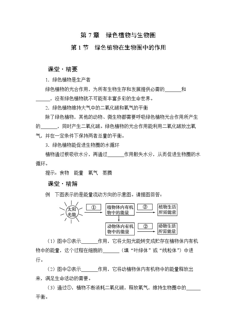 北师大版生物七上7.1《绿色植物在生物圈中的作用》课堂精练01