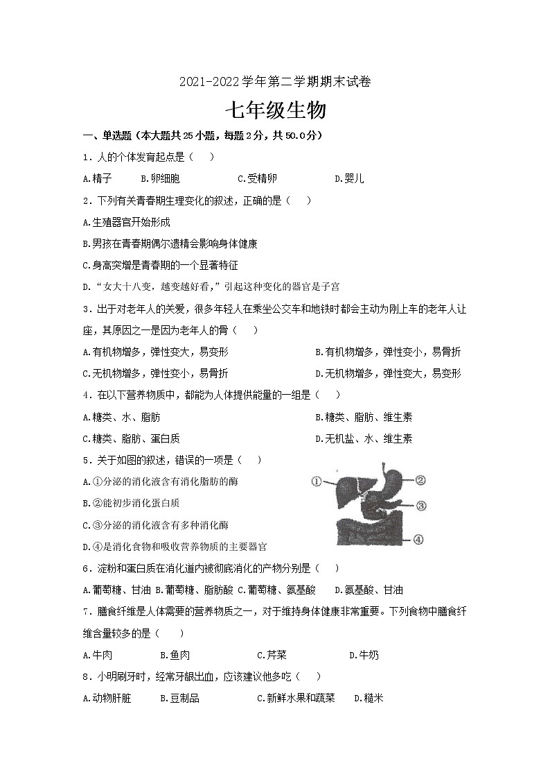 甘肃省酒泉市2021-2022学年七年级下学期期末质量检测生物试题(word版含答案)01