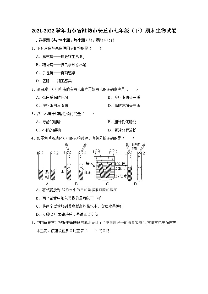 山东省潍坊市安丘市2021-2022学年七年级下学期期末生物试卷(word版含答案)第1页