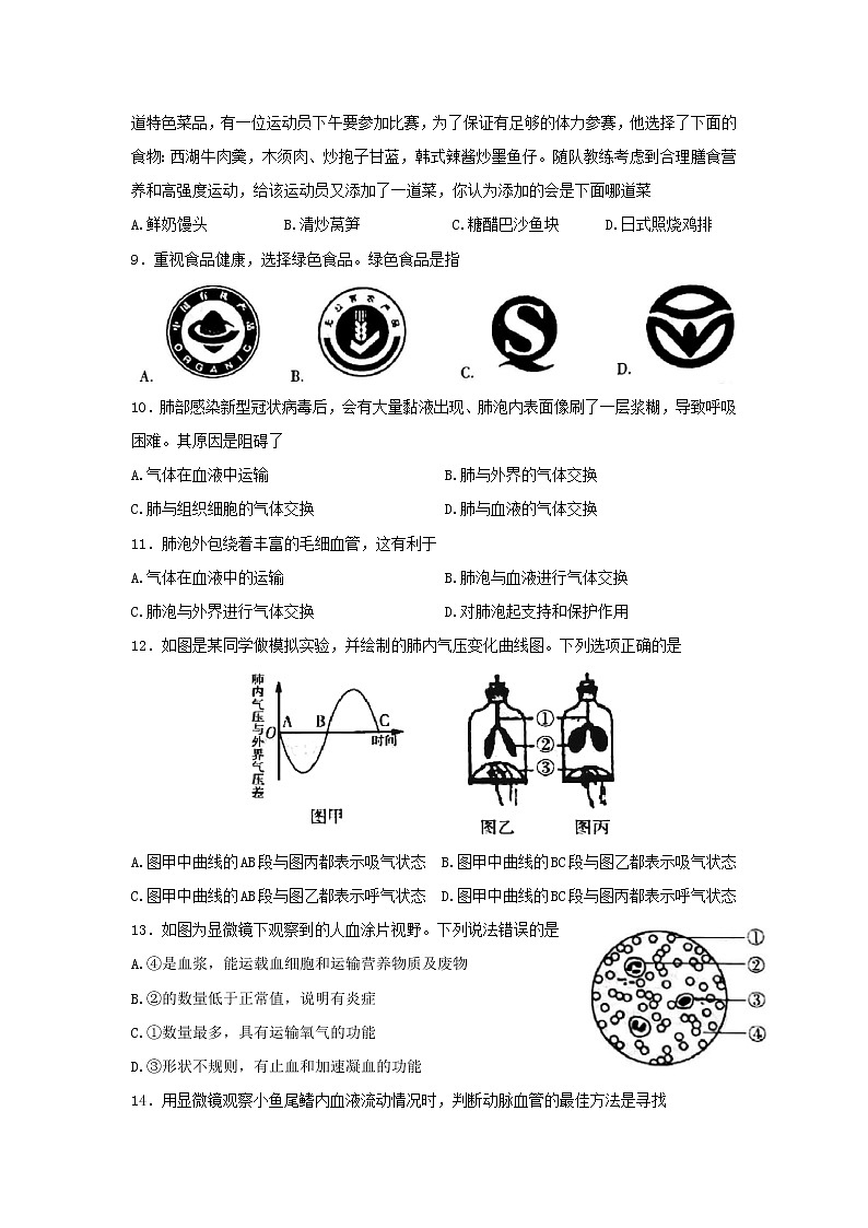 山东省临沂市费县2021-2022学年七年级下学期期末考试生物试题(word版含答案)02